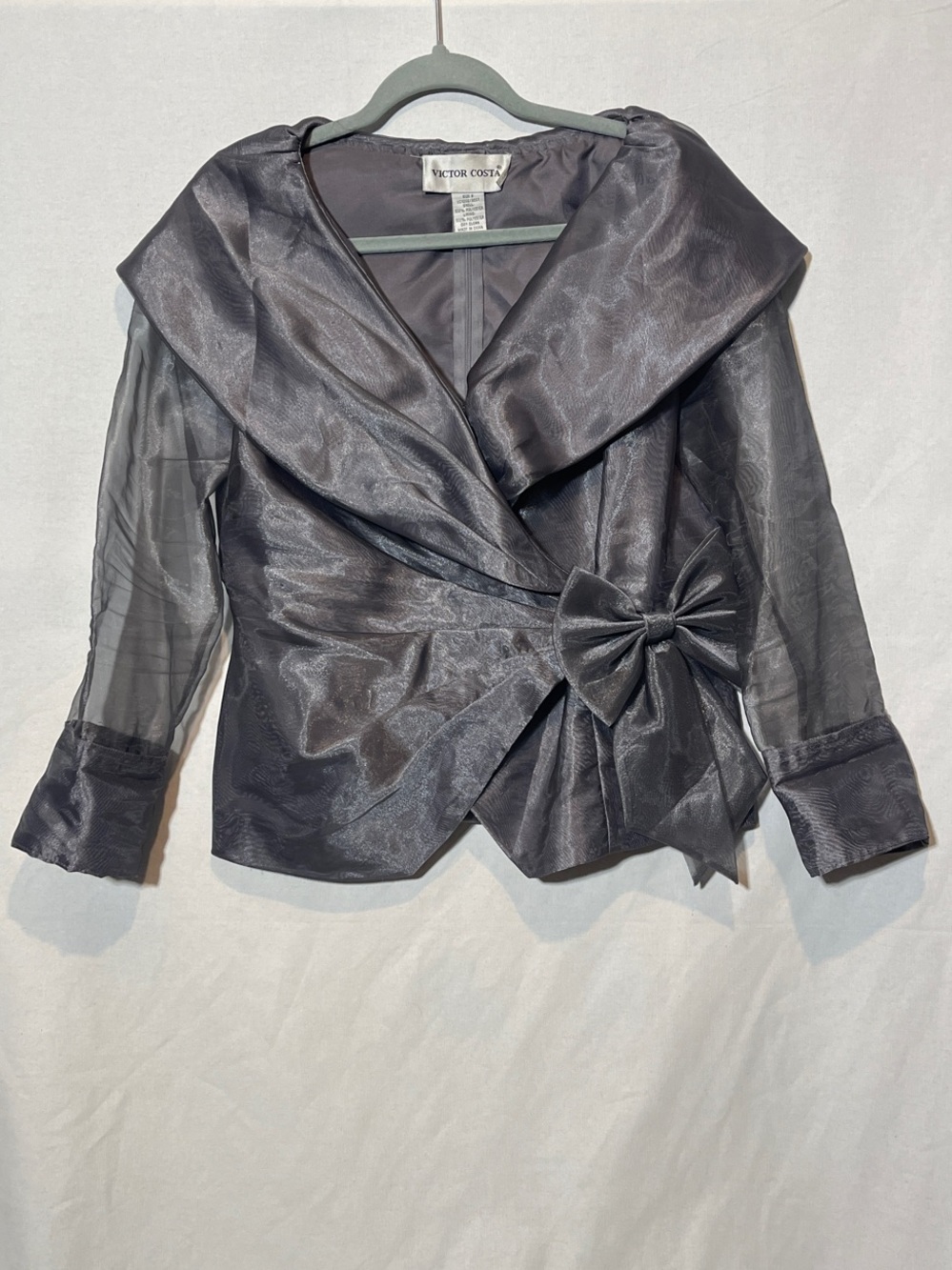 Victor Costa Charcoal Gray Organza Wrap Blazer with Bow
